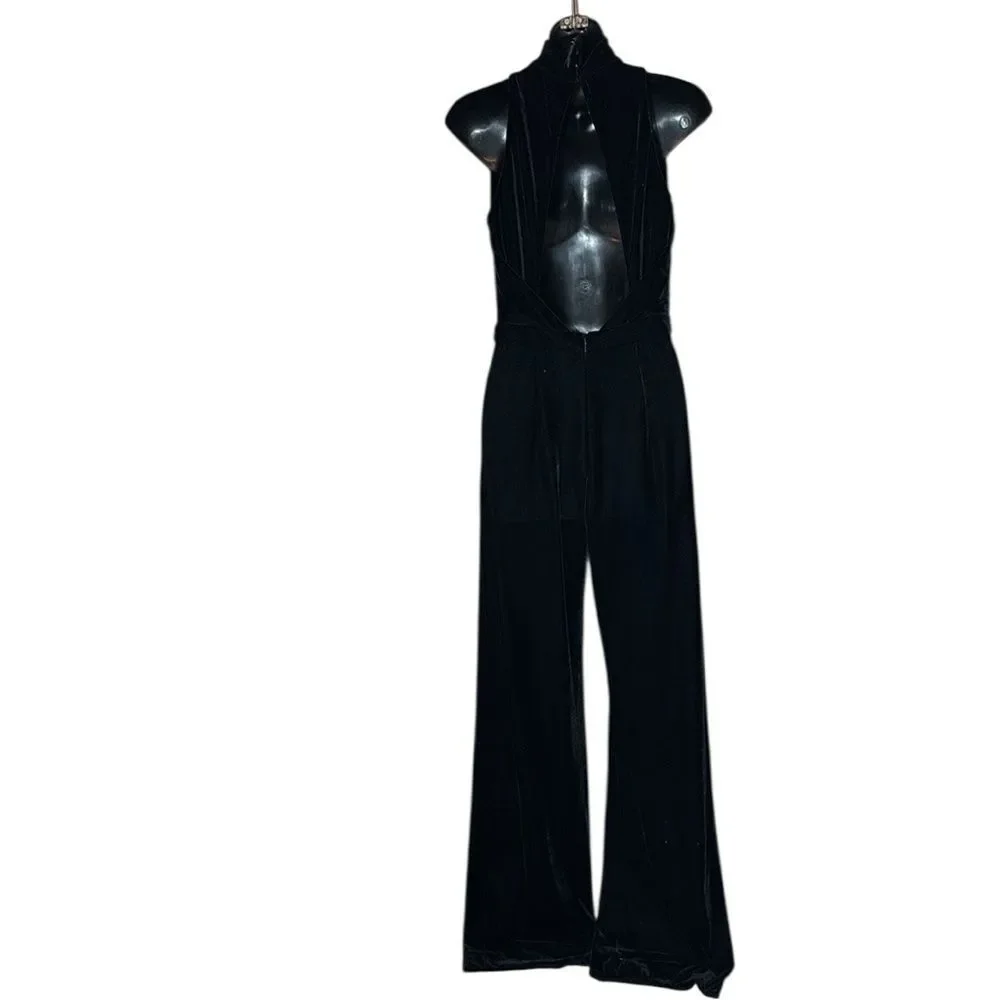 REISS women’s dori velvet jumpsuit 2 open back high neck quiet luxury black